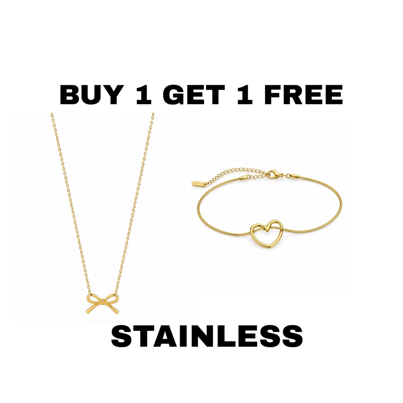 Gold Bow Pendant + Heart Bracelet