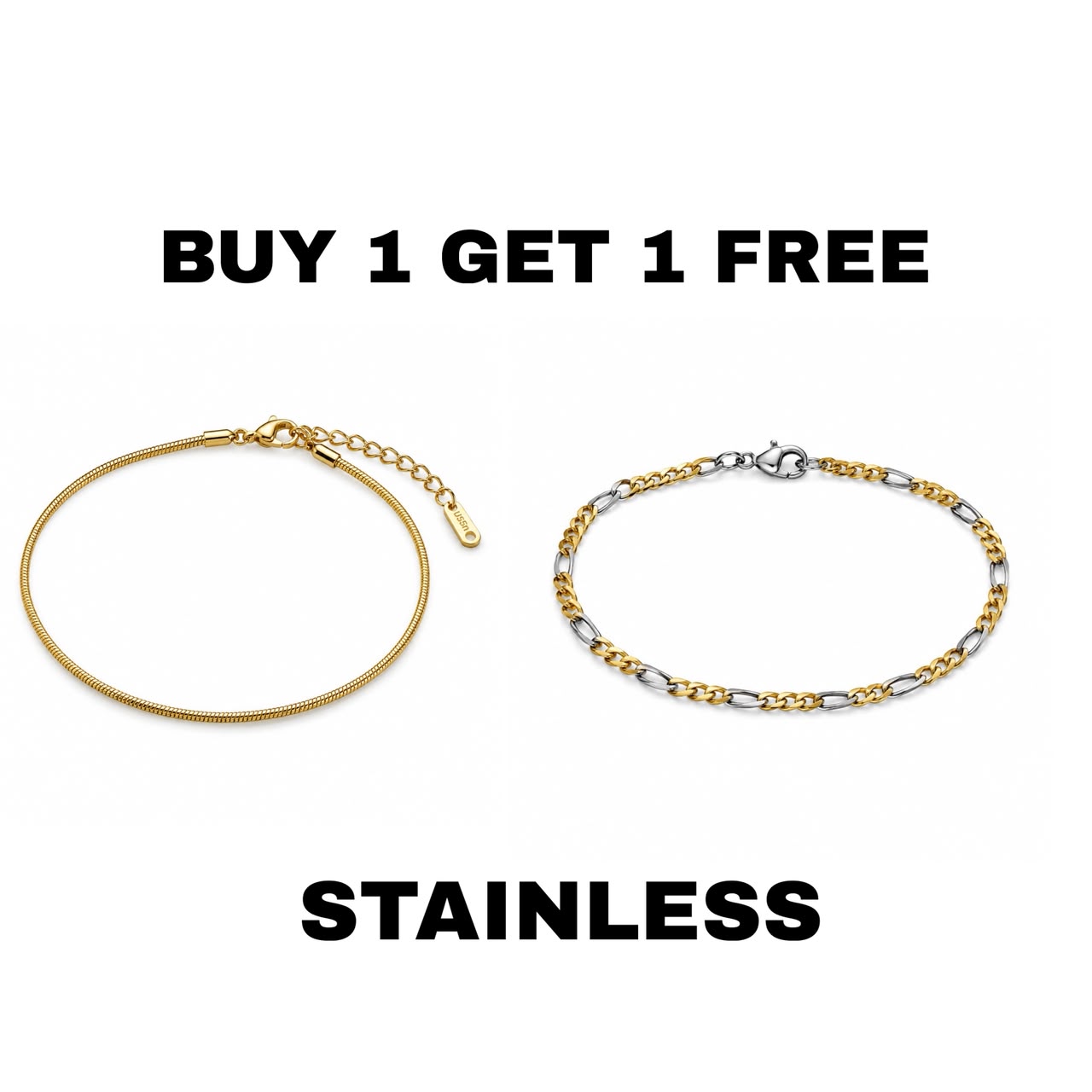 Gold Polished snake chain Bracelet + Gold & silver Bracelet