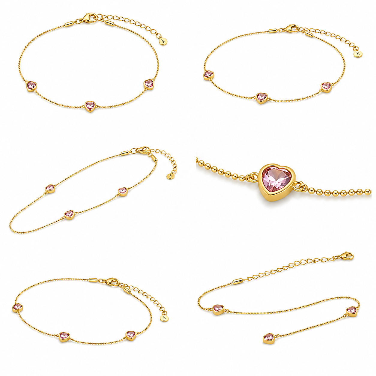 Delicate gold heart bracelet with gemstones