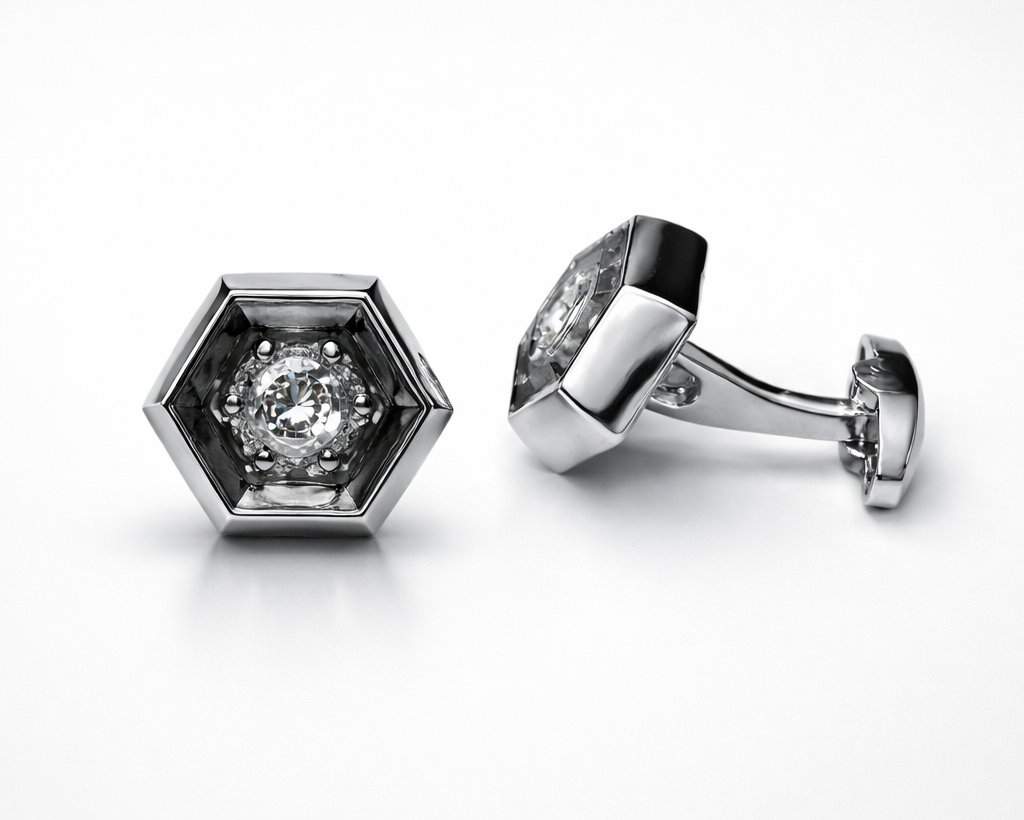 Elegant white silver hexagonal Cuflink