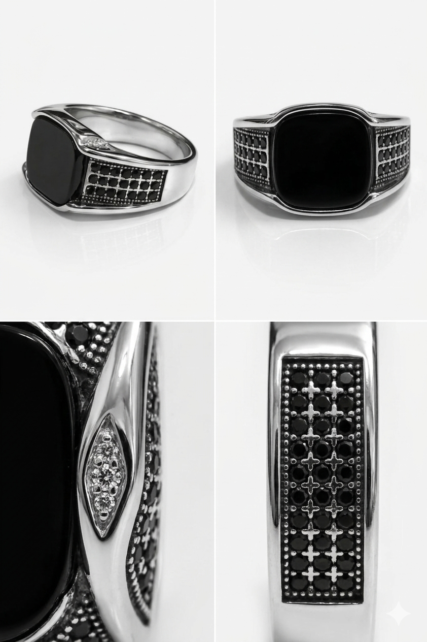 Sleek silver signet ring with onyx