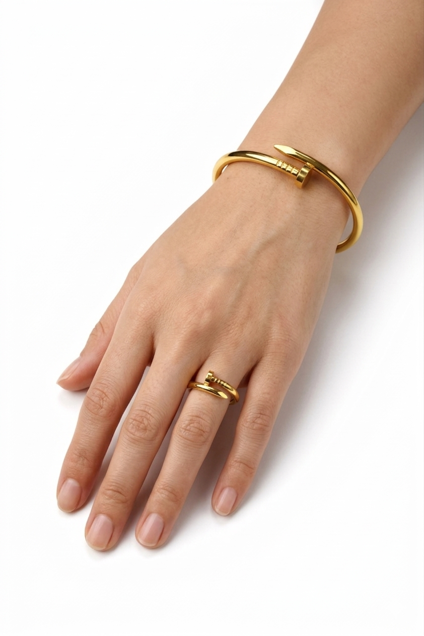 Gold nail bracelet and ring set