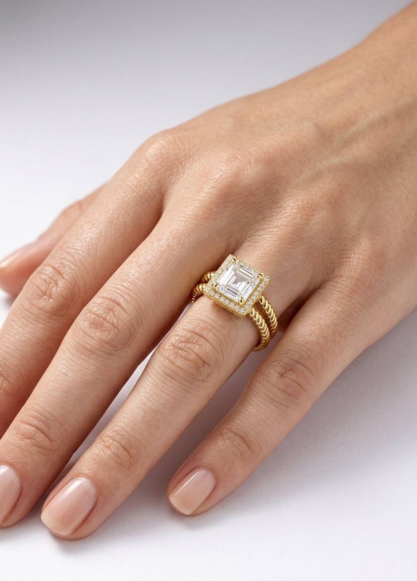 Luxury gold ring with diamond halo