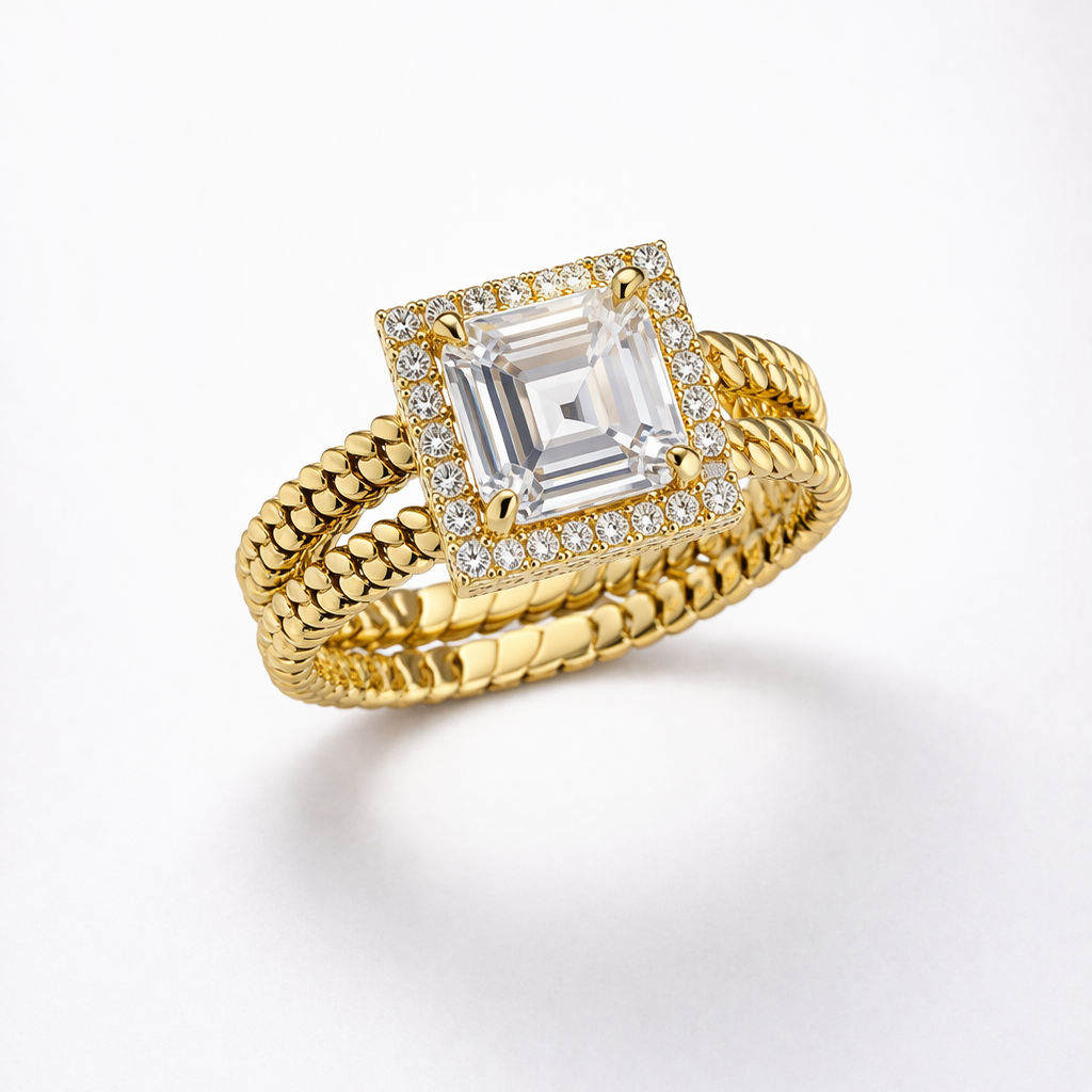 Luxury gold ring with diamond halo