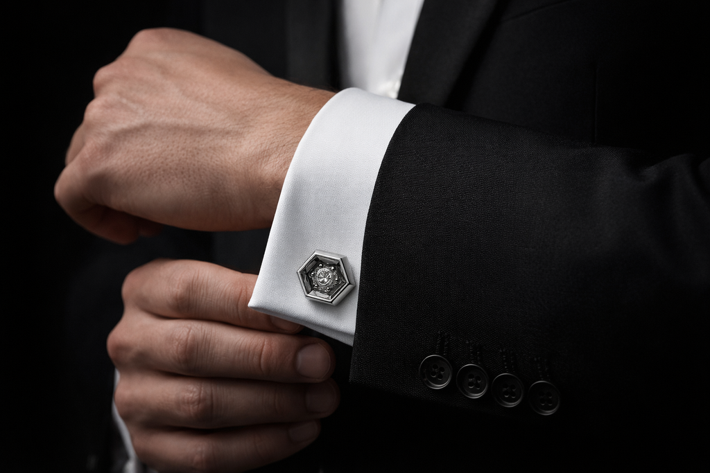 Elegant white silver hexagonal Cuflink