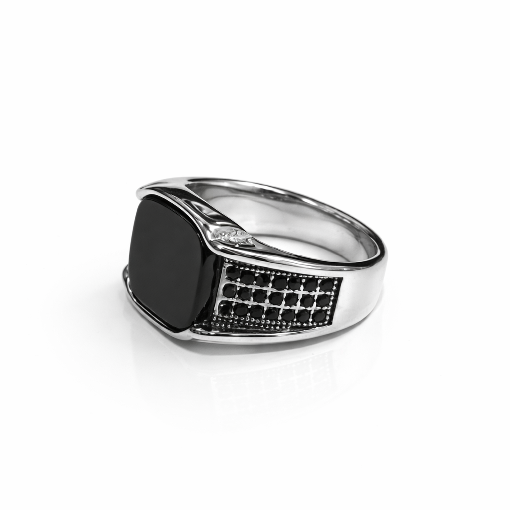 Sleek silver signet ring with onyx